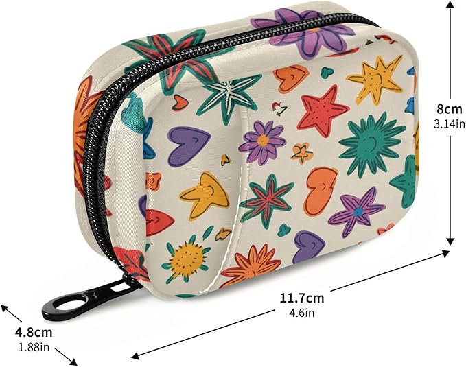 Beige Doodle Star Heart Rainbow Travel Pill Organizer Case Box Container Weekly Portable Vitamin Medicine Holder Storage Bag with Zipper Removable
