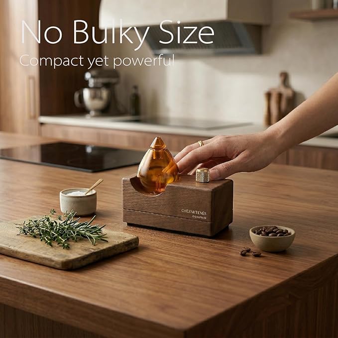 Amber Premium Glass Essential Oil Diffuser with Handmade Wood Base for Aromatherapy, Retro Waterless Scent Diffuser with Cool Mist, Rechargeable & Wireless Oil Nebulizer with LED & Timer, 2026 Model
