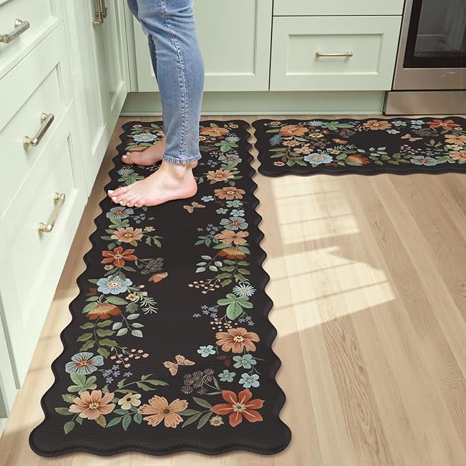 Collive Anti Fatigue Mats for Kitchen Floor, Scalloped Cushioned Comfort Kitchen Rugs Set of 2 Waterproof Non Skid Padded Kitchen Floor Mat, Boho Floral Rug Black Standing Carpet for Office, Laundry