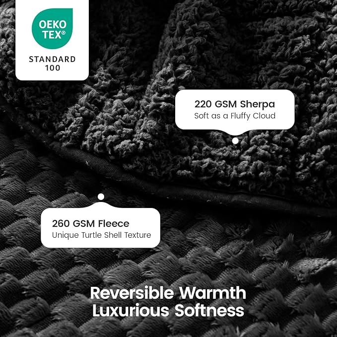 Super Fuzzy Soft Fleece Sherpa Weighted Blanket 20 lbs for Adults, 3D Imitation Turtle Shell Luxury Weighted Throw for Better Sleep, Dual Sided Cozy Heavy Blankets for Couch Bed, Black, 60" x 80"