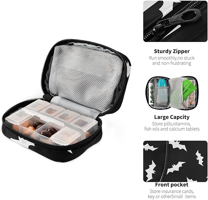 Halloween Bats Pill Box 7 Day Pill Case Travel Pill Organizer Bag with Zipper Portable Weekly Vitamin Medicine Supplement Holder Pouch Bag
