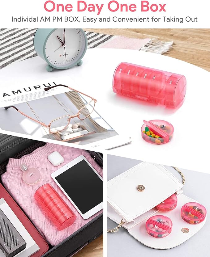 TookMag Pill Organizer 2 Times a Day, Travel Medicine Pill Organizer, Weekly AM PM Pill Box, Large Capacity 7 Day Pill Cases for Vitamin/Fish Oil/Supplements (Pink)