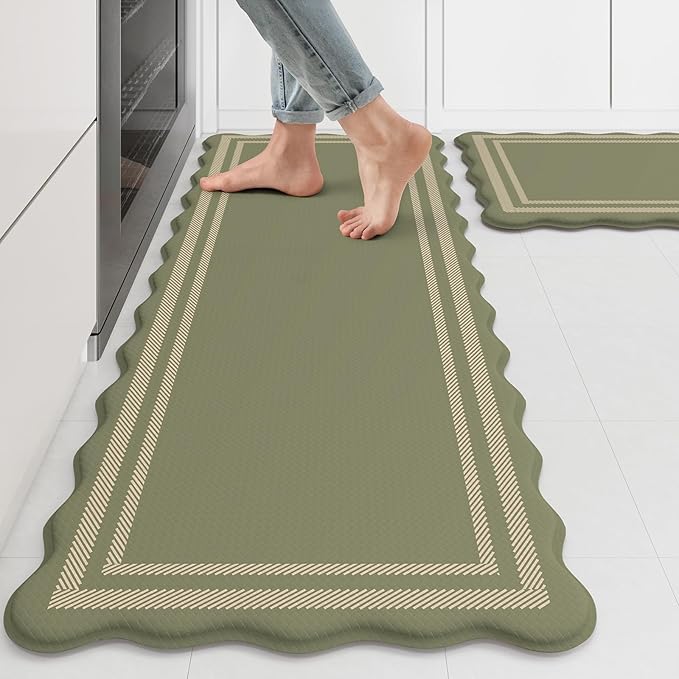 KIMODE Anti Fatigue Mats for Kitchen Floor 17"x47"+17"x29", Farmhouse Kitchen Rugs Sets of 2, Cushioned Kitchen Floor Mat Non Skid, Memory Foam Kitchen Mat for Laundry Office Sink Desk Olive Green