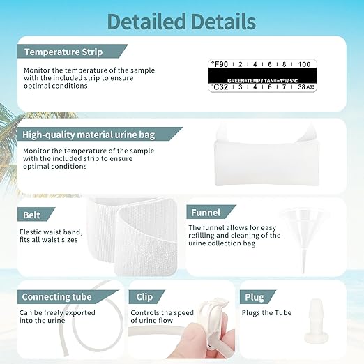 Urine Test Complete Kit with 2 to 4 oz Sample Bag, 5 Drain Outlets for Smooth Release, 43.3 inch Adjustable Concealed Belt, Temperature Indicators, Reusable System with Funnel and Clamps (Large)