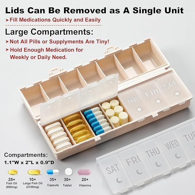 Foldable Pill Organizer 2 Times a Day w/Etched Labels -Dual Protection & Portable Weekly AM PM Pill Box, 7 Day Medicine Container, Large Travel Pill Case for Week Daily Supplement Vitamin - Khaki