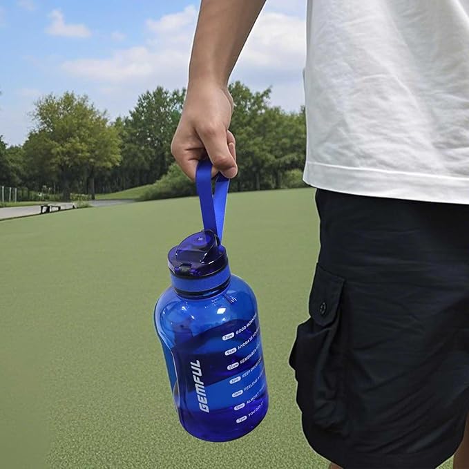 GEMFUL 2L Leak Proof Water Bottle with Handle 64oz Large Gym Jug Time Marker No Straw BPA Free Motivational for Men & Women (Royal Blue)