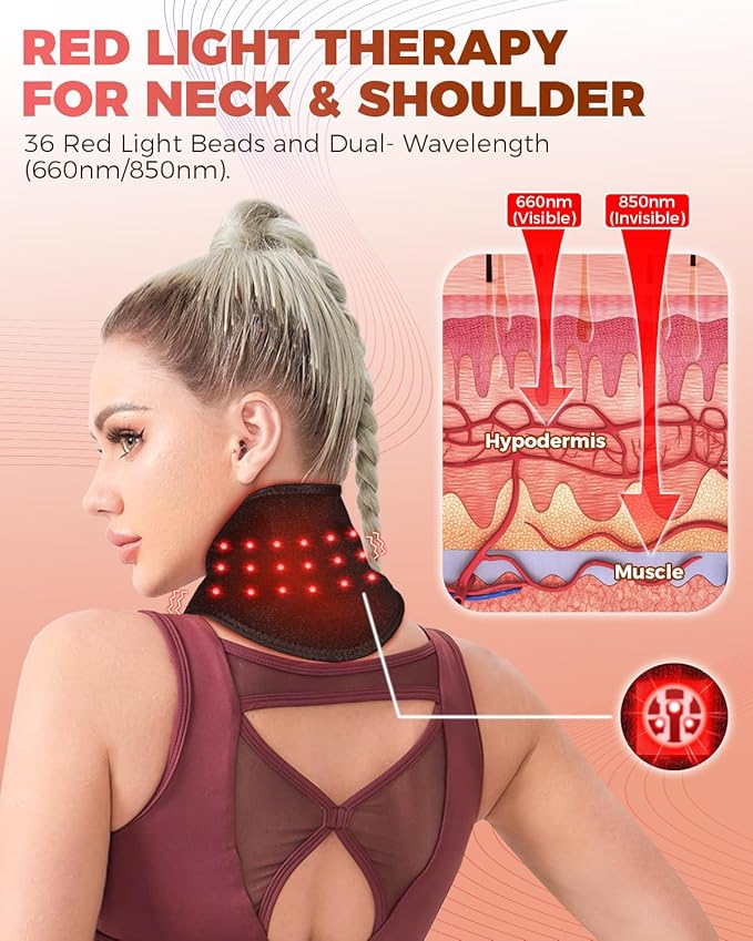 Red Light Therapy for Neck and Shoulders Wrap, Cordless Infrared Heating Pad Belt with Vibration for Body, Hands, Rechargeable Portable Neck Massager with Heat 660nm/850nm (Black)