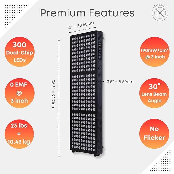 Makiuri Red Light Therapy Panel for Full Body | 630 nm, 660nm, 810nm, 830nm, 850nm | Clinical Grade Red & Near-Infrared LED Light Therapy (5 Wavelengths) | High Irradiance | Neptune (Black 300 LED)