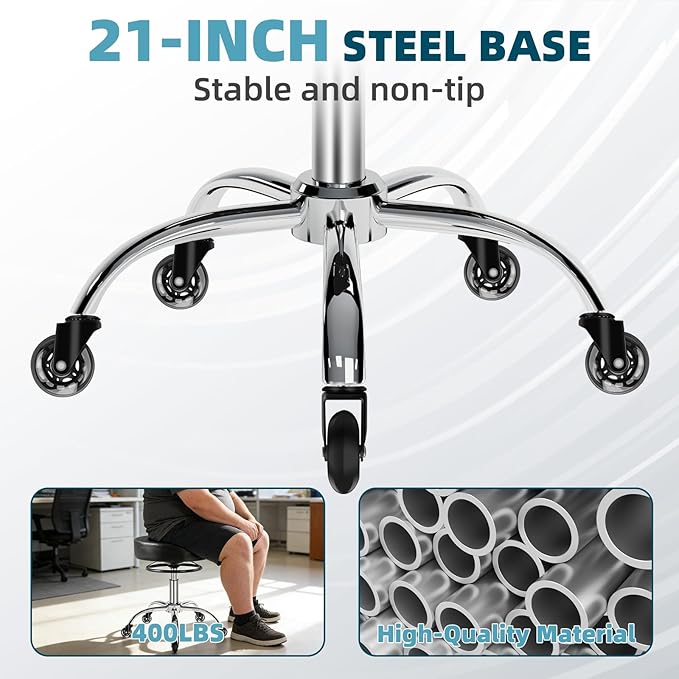 Rolling Stool with Wheels 400lbs Weight Capacity,Heavy Duty Lash Chair Adjustable for Tatoo Lab Massage Salon Spa Drafting Nail Teach,360 Swivel,Leather,Thick Seat Padding (Black)