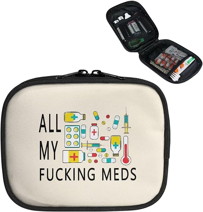 Medical Letters Print Medicine Case with Zipper Daily Pill Organizer Box Washable Supplement Holder with Zipper Travel Vitamin Storage Bag