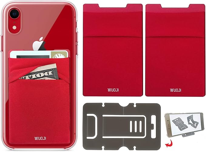 RFID Blocking Phone Card Wallet - Double Secure Pocket - Ultra-Slim Self Adhesive Credit Card Holder Card Sleeves Phone Wallet Sticker All Smartphones(Red)-2PC
