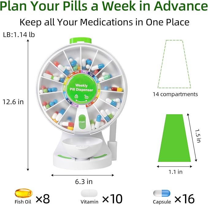 Weekly Pill Dispenser, 14 Compartment Pill Organizer with One-Press Button, Wall Mount or Countertop Medicine Dispenser with Cup, Easy Medication & Vitamin Organizer for Seniors (Green)