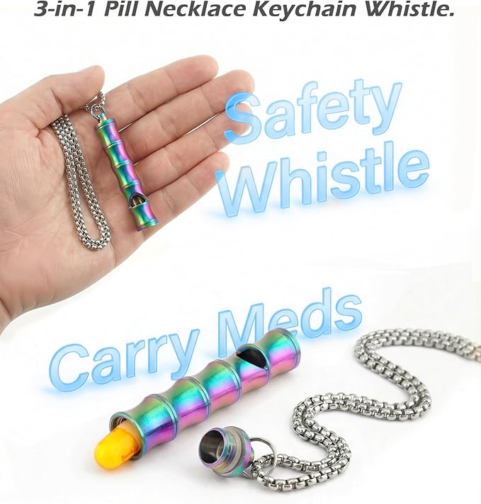 Titanium Pill Holder Necklace for Men Women Emergency Whistle Mini Keychain Nitro Pill Case with Loud Whistles EDC Safety Backpacking Survival Hiking Camping Pets Training