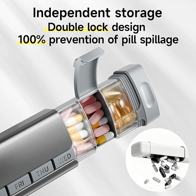 Travel Pill Organizer Weekly, 1 Time a Day ，Upgrade Premium Aluminum Alloy Daily Pill Box 7 Day, Portable Metal Pill Case, Cute Pill Holder to Hold Vitamins, Medicines, Pills, Supplements (Grey)