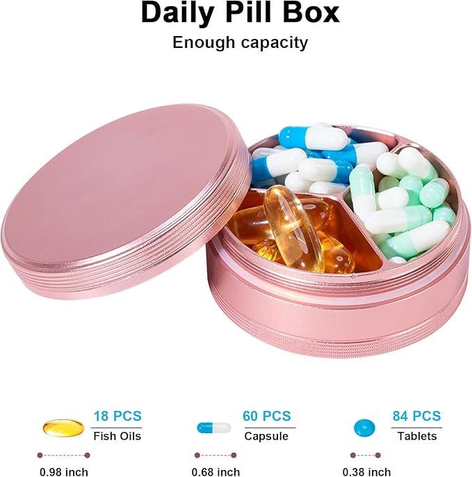 Metal Travel Pill Box 3 Compartment - Small Waterproof Pill Container Portable Daily Pill Case Pink Pocket Purse Medicine Organizer Holder for Medication Vitamins Fish Oils