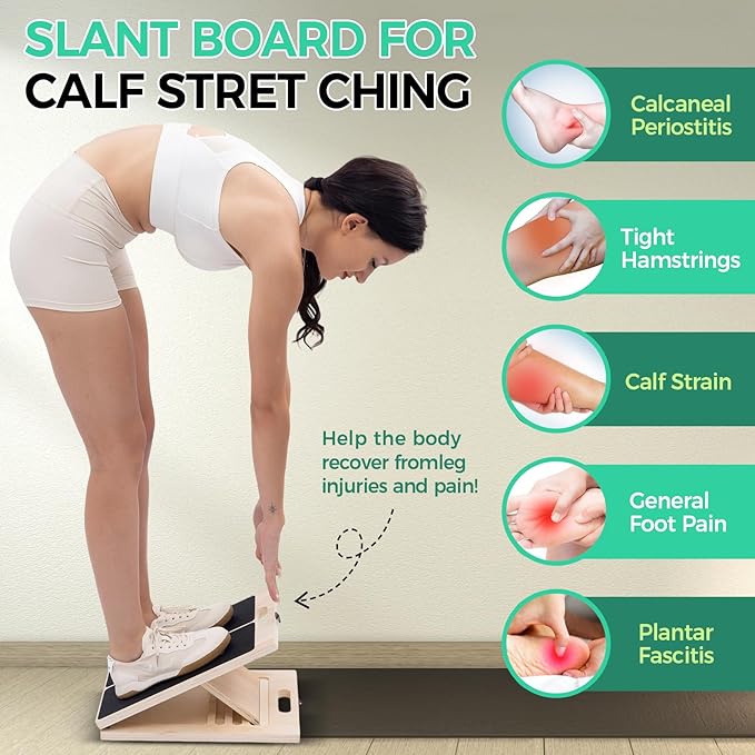 Slant Board for Calf Stretching, 5 Angle Portable Adjustable Calf Wooden Stretch Board with Training Poster, 300lb Weight Capacity for Ankle Heel Feet Leg Knees Physical Therapy Equipment
