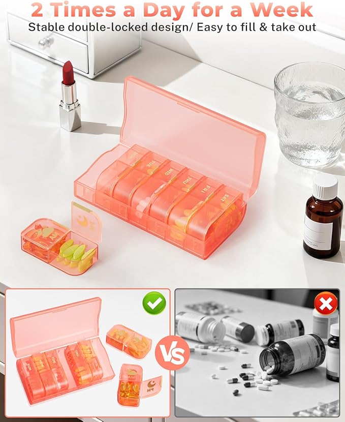 Weekly Pill Organizer 2 Times a Day, 7 Day AM/PM Pill Box, Portable Medication Dispenser with Child-Resistant Latch, BPA-Free, Travel, Office, Pets, Emergency Use (Pink)