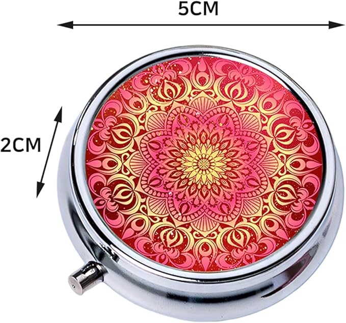 Small Pill Box with Mirror Mandala 3 Compartment Pill Holder for Purse or Pocket Bronze Portable Medicine Vitamin Container Fish Oil and Supplement Storage BPA-Free(Luxurious Red Gold)