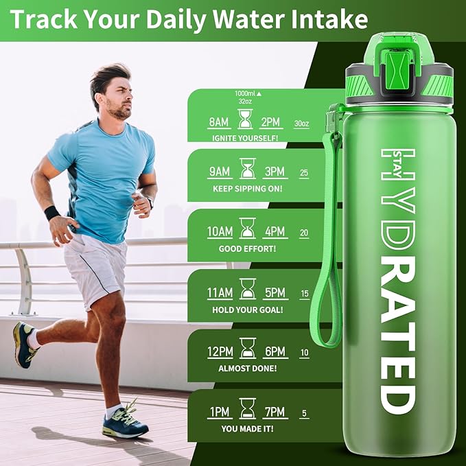 Water Bottle with Straw, 32oz Motivational Water Bottles with Time Marker to Drink, Tritan BPA Free, 1L Sports Water Bottle with Carry Strap LeakProof for Women Gym Fitness Outdoor (1 Pack)