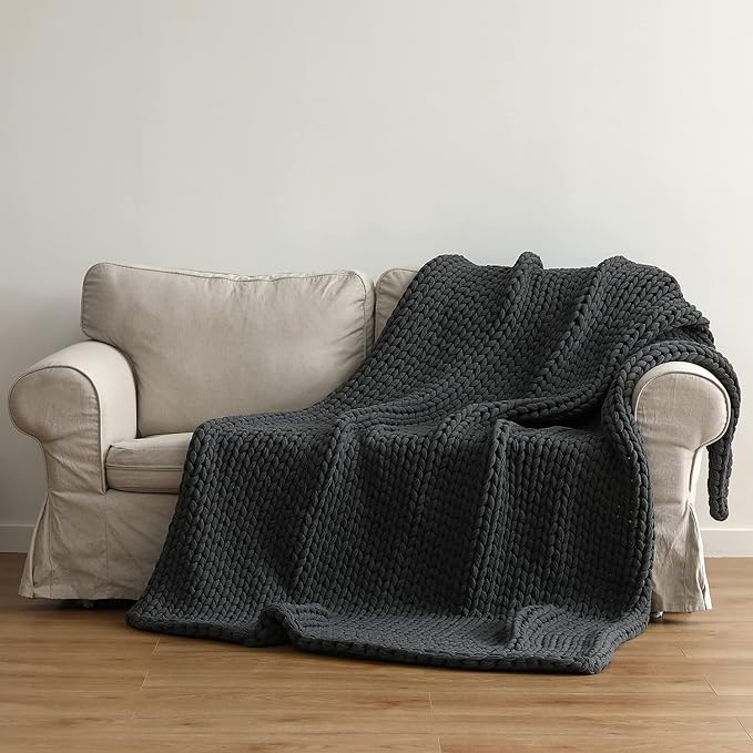 YnM 100% Cotton Weighted Blanket, Handmade Chunky Knitted Throw, No fillers Design, Soft and Breathable, Machine Washable Bed Blanket for Sleep or Home Decor (Dark Grey, 43x50 Inch, 10lbs)