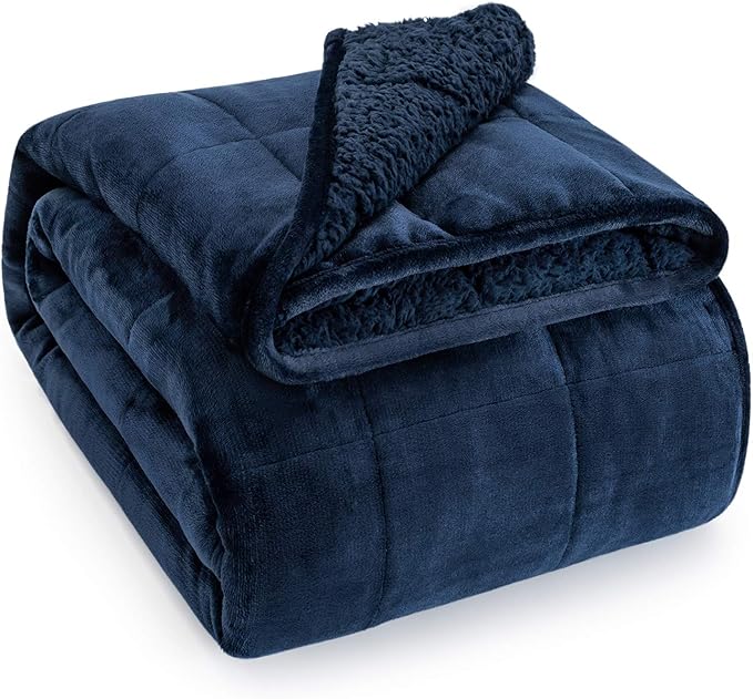 Wemore Sherpa Fleece Weighted Blanket for Adult, 15 lbs Dual Sided Cozy Fluffy Heavy Blanket, Ultra Fuzzy Throw Blanket with Soft Plush Flannel Top, 60 x 80 inches Navy Blue on Both Sides