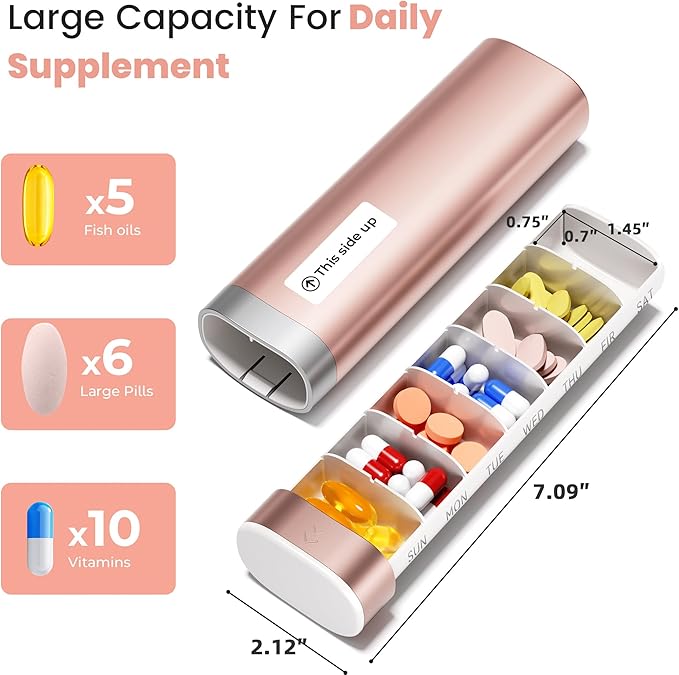 Daviky 7 Day Pill Organizer, Travel Pill Box with One-Handed Opening Design, Large-Capacity Vitamin Case, Portable Drawer Medication Organizer for Once-a-Day Vitamins, Pills, and Supplements (Pink)