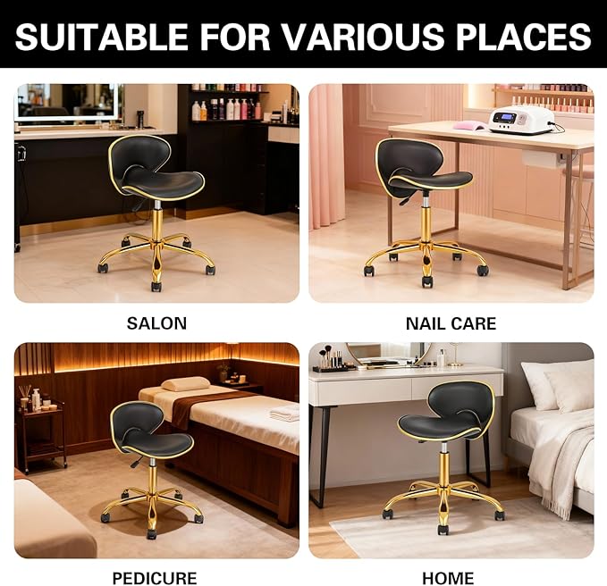 Rolling Salon Stool with Back, Set of 2 Saddle Chair Adjustable Swivel Chair for Massage Tattoo, Comfy Swivel Stool with Wheels for Beauty, Esthetician, Medical, Shop-Black