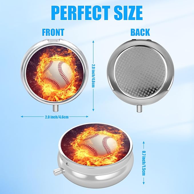 Baseball Pill Case, Pill Box 3 Compartments Metal Small Pill Holder with Mirror Mini Travel Pill Container for Purse Pocket Women Men