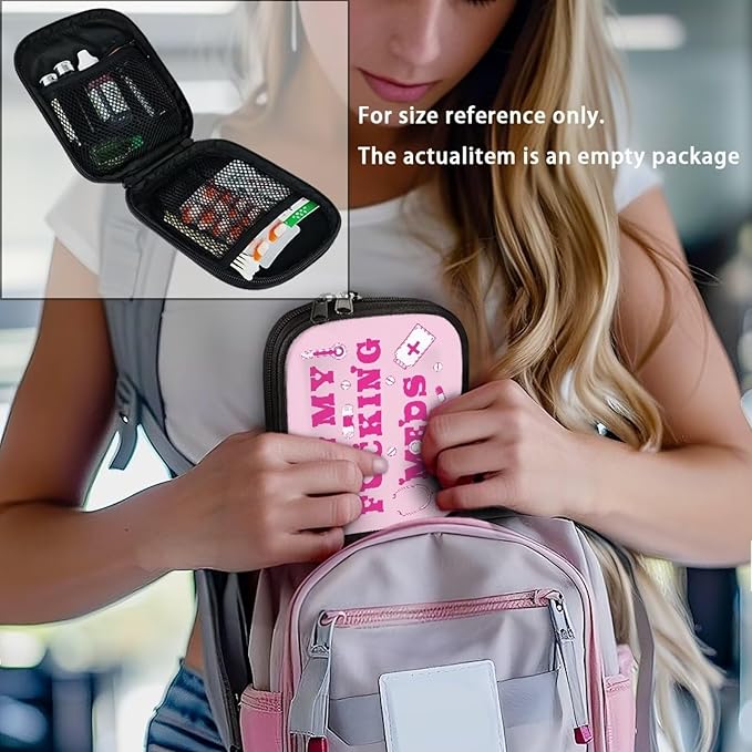 Pink Letters Print Pill Organizer Box Small Medicine Case with Zipper Travel Vitamin Storage Bag Weekly Supplement Holder for Daily Travel
