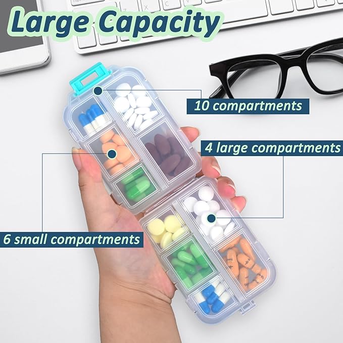 2 Pack Pill Organizer Travel Case - 10 Compartments Portable Medicine Container with 330 Labels, Double Lock Design (White & Chocolate, 2 Boxes)