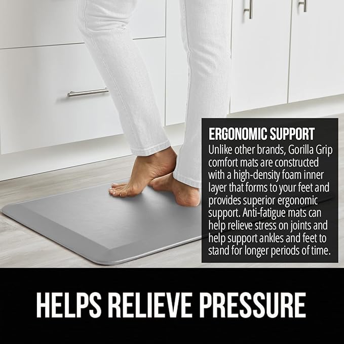 GORILLA GRIP Comfortable Cushioned Kitchen Mats for Floor, Waterproof and Stain Resistant Soft Top, 3/4 Inch Thick Ergonomic Standing Desk Anti Fatigue Mat, Foam Supports Feet, 17x24, Light Gray