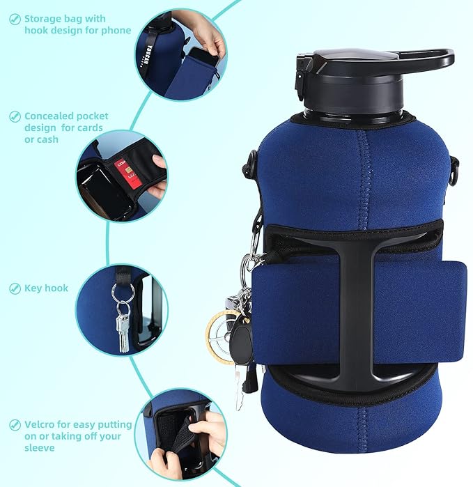 Half Gallon Water Bottle with Straw 74 oz Large Water Bottle Big Gym Water Bottle with Storage Sleeve BPA Free Gallon Water Jug with Handle and Bottle Brush Navy Blue