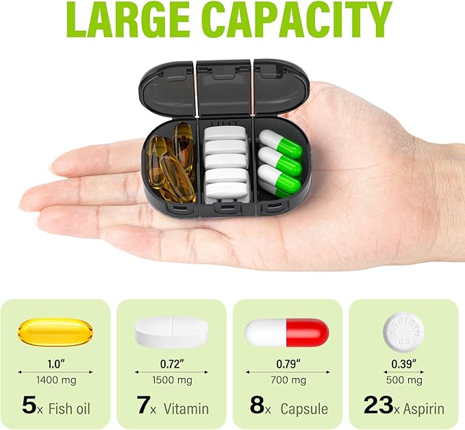 Vikie Weekly Pill Organizer 3 Times a Day with Morn NOON Night Sections, BPA-Free, Portable & Moisture-Proof for Pills, Vitamins, Supplements (3x7 Black)
