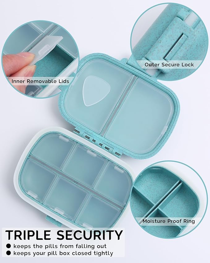 8 Compartments Travel Pill Organizer, Daily Pill Case Small Pill Box for Pocket Purse, Portable Pill Container Medicine Vitamin Organizer (Blue)
