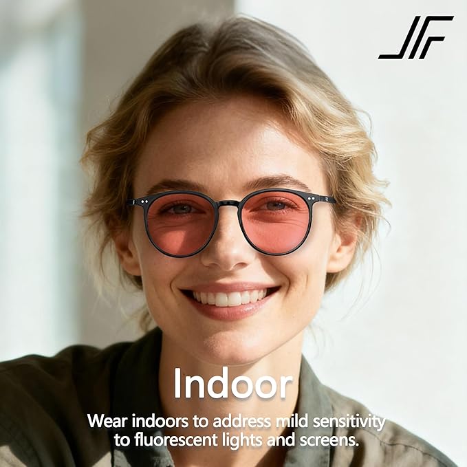2 Pack Indoor Fluorescent-41 Pink & Outdoor Fluorescent-60 Brown Round Tinted Blue Light Blocking Glasses for Migraine, Light Sensitivity, Photophobia & LED Gaming Computer Screen Glare RF6213