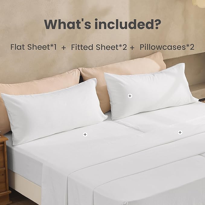 Simple&Opulence Belgian Linen Sheet Set Solid Color - 5 Pieces (1 Flat Sheet, 2 Fitted Sheets & 2 Pillowcases) Natural Flax Cotton Blend Soft Breathable Farmhouse Bedding - Split King Size, White