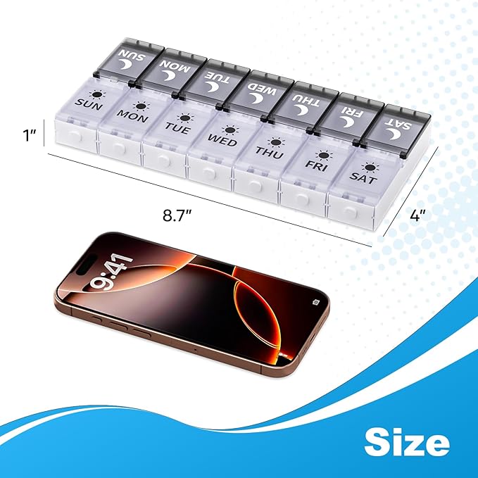 Push Button Weekly Pill Organizer 2 Times a Day, Medicine Pill Organizer with Label, Pill Box Case 7 Day AM PM, Pill Container for Vitamins, Fish Oil, Supplements Medication (Black & White)