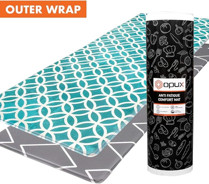 OPUX Anti Fatigue Kitchen Floor Mat, Reversible Cushioned Memory Foam Kitchen Rug Pad, Waterproof Non-Slip Padded Comfort Standing Mat Office Laundry Home, 47x17 (Geometric Teal Gray)