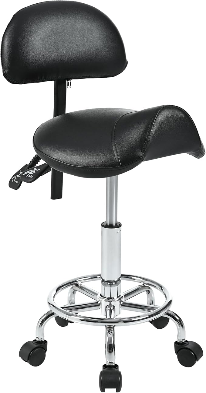 Saddle Stool with Back Support, Rolling Stools with Foot Rest, Ergonomic Backrest Adjustable Height & Angle Salon Stool with Wheels for Salon Spa Tattoo Massage