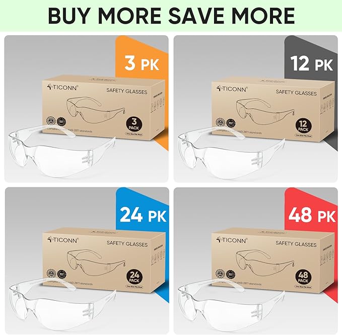 TICONN Clear Safety Glasses for Men and Women, Safety Goggles with Scratch Impact Resistant Meets ANSI Z87.1 Standard