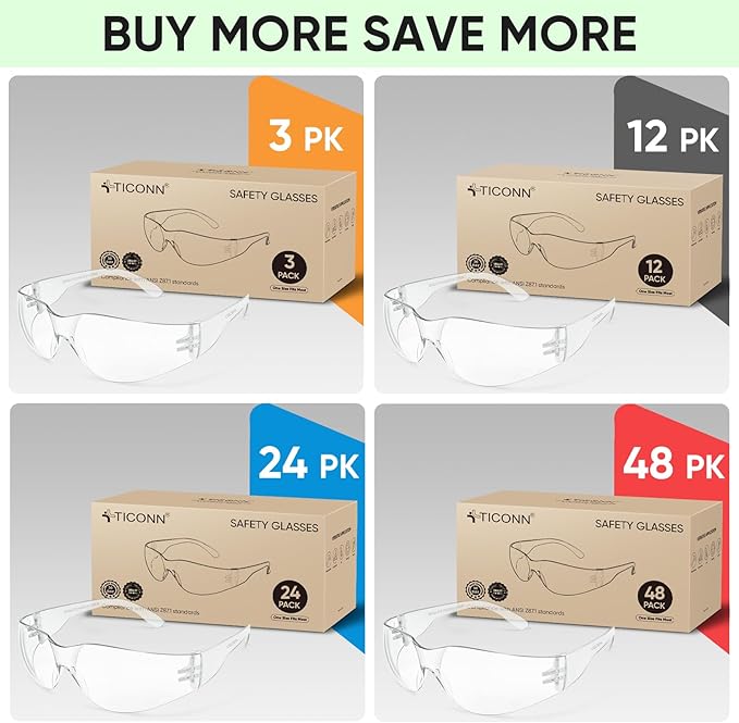 TICONN Clear Safety Glasses for Men and Women, Safety Goggles with Scratch Impact Resistant Meets ANSI Z87.1 Standard