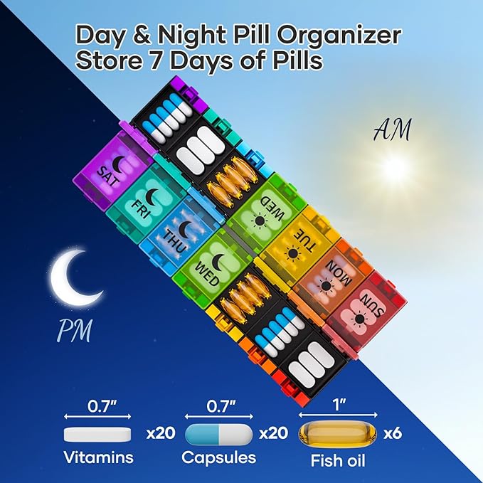 Push Button Pill Organizer 2 Times a Day, Weekly Medicine Pill Organizer, Pill Box Case 7 Day AM PM BPA-Free, Pill Container for Vitamins, Fish Oil, Supplements Medication (Colorful)