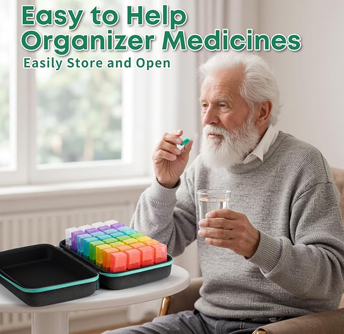 Monthly Pill Organizer 2 Times a Day with Weekly Pill Bag, 30 Day Pill Organizer 2 Times a Day with 32 Compartments, Monthly Stickers, Shoulder Strap, Hard Travel Case Medicine Vitamins Case