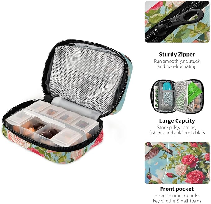 Cartoon July 4th Red Roses and Hummingbirds Travel Pill Organizer Weekly Small (Cute) Pill Box 7 Day Pill Case Vitamin Holder Pill Bottle Organizer