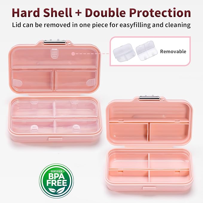 Daviky Travel Pill Organizer,Large 7-Compartment Pill Box for Vitamins & Medications, Compact Medicine Case for Pocket or Purse(Pink)