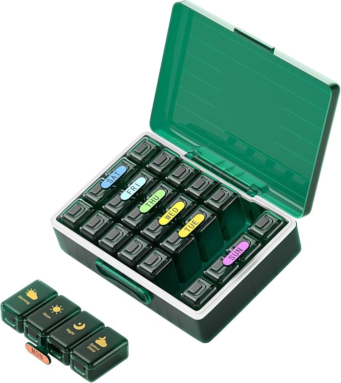 Weekly Pill Organizer 4 Times a Day, Large Compartments Pill Box 4X 7 Day, Medicine Organizer Pill Case for Pills/Vitamins/Fish Oils/Medication/Supplements (4x7 Dark Green)