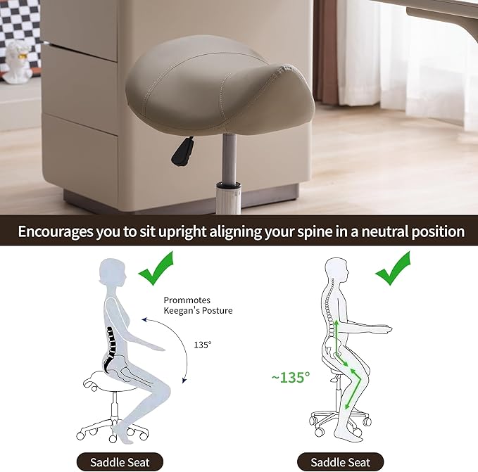 Saddle Stool, Swivel Saddle Stool with Wheels, Adjustable Rolling Stool 18"-26", Faux Leather Rolling Stool for Salon, Massage, Clinic, Lab, Office (Light Grey, 1PCS (18"-26"))