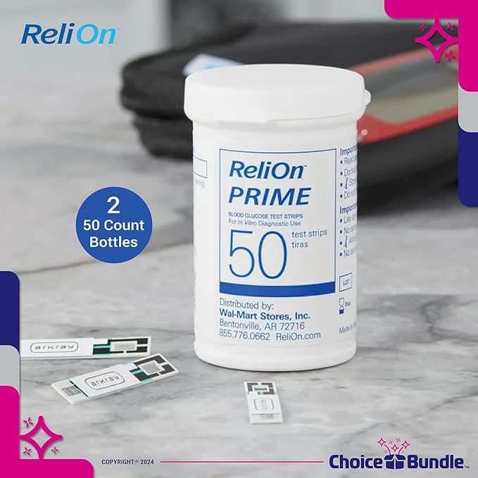 ReliOn Prime Blood Glucose Test Strips 100 Ct Reli On Choice Bundle Plus Food for Life & Portable Pill Holder (3 Items)!