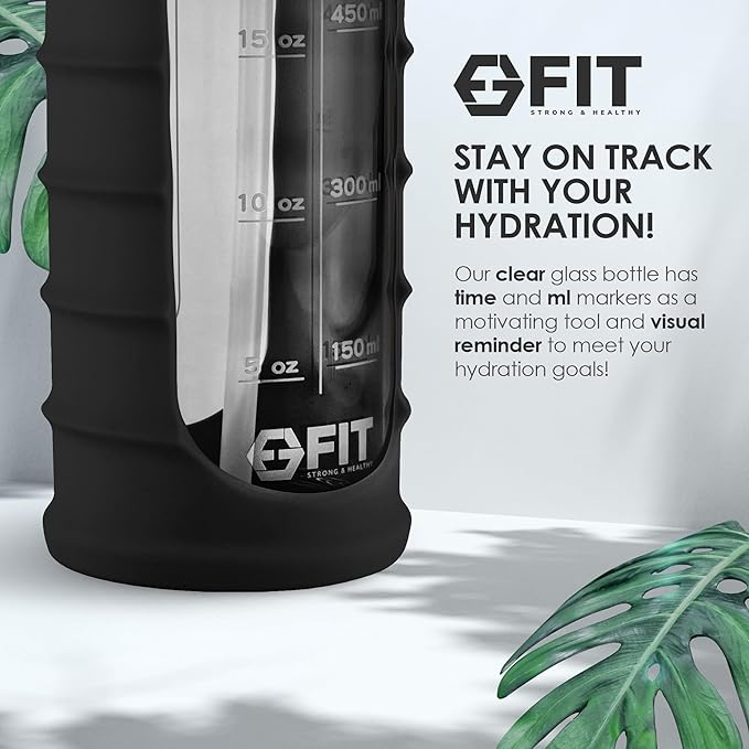 FIT Strong & Healthy 32 oz Glass Water Bottle with Straw Lid - Wide Mouth Borosilicate Glass Water Bottles with Time Marker, Silicone Sleeve & Extra Lid - 1L Large Motivational Drinking Bottle