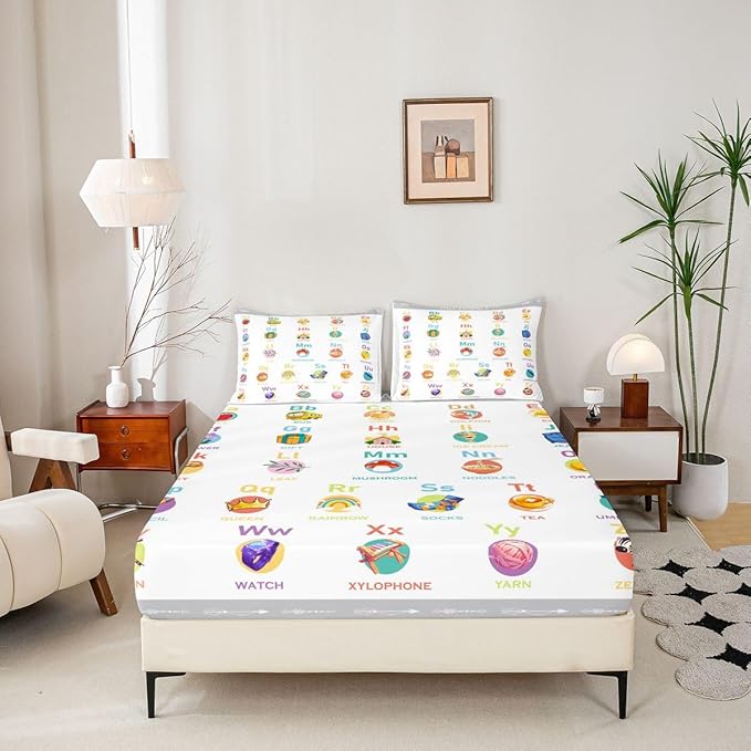 ABC Alphabet Fitted Sheet Twin Size, Cartoon Bedding Set Numbers Bed Sheet Set Kids Toddler Educational Learning Bed Cover with 1 Pillow Case (No Flat Sheet)